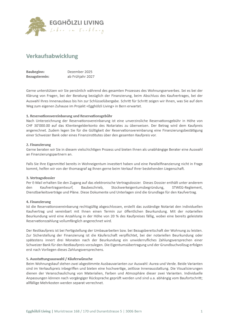 Verkaufsabwicklung Übersicht über den Ablauf des Wohnungskaufs von der Reservation bis zur Eigentumsübertragung.
