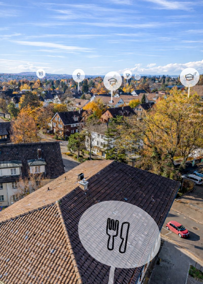 Blick über das Wohnquartier rund um Egghölzli Living mit guter Anbindung und gewachsener Struktur.