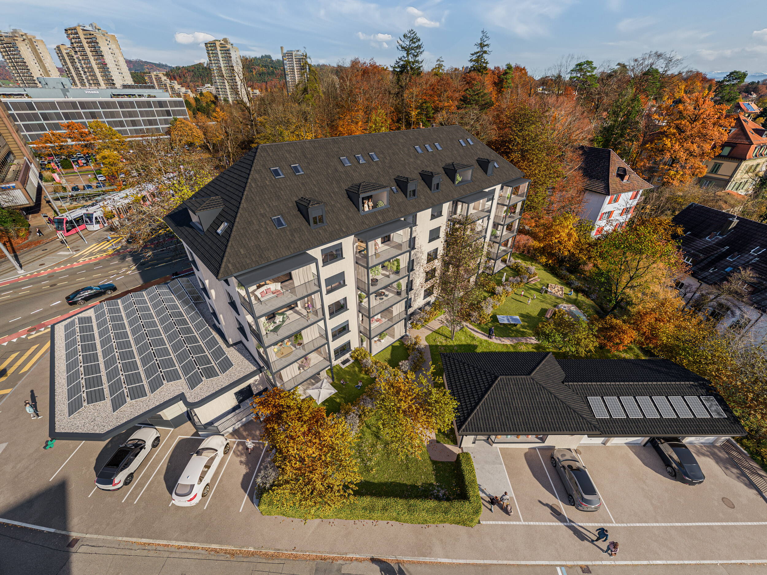 Visualisierung des Neubauprojekts Egghölzli Living mit Einbettung in die bestehende Quartierstruktur.
