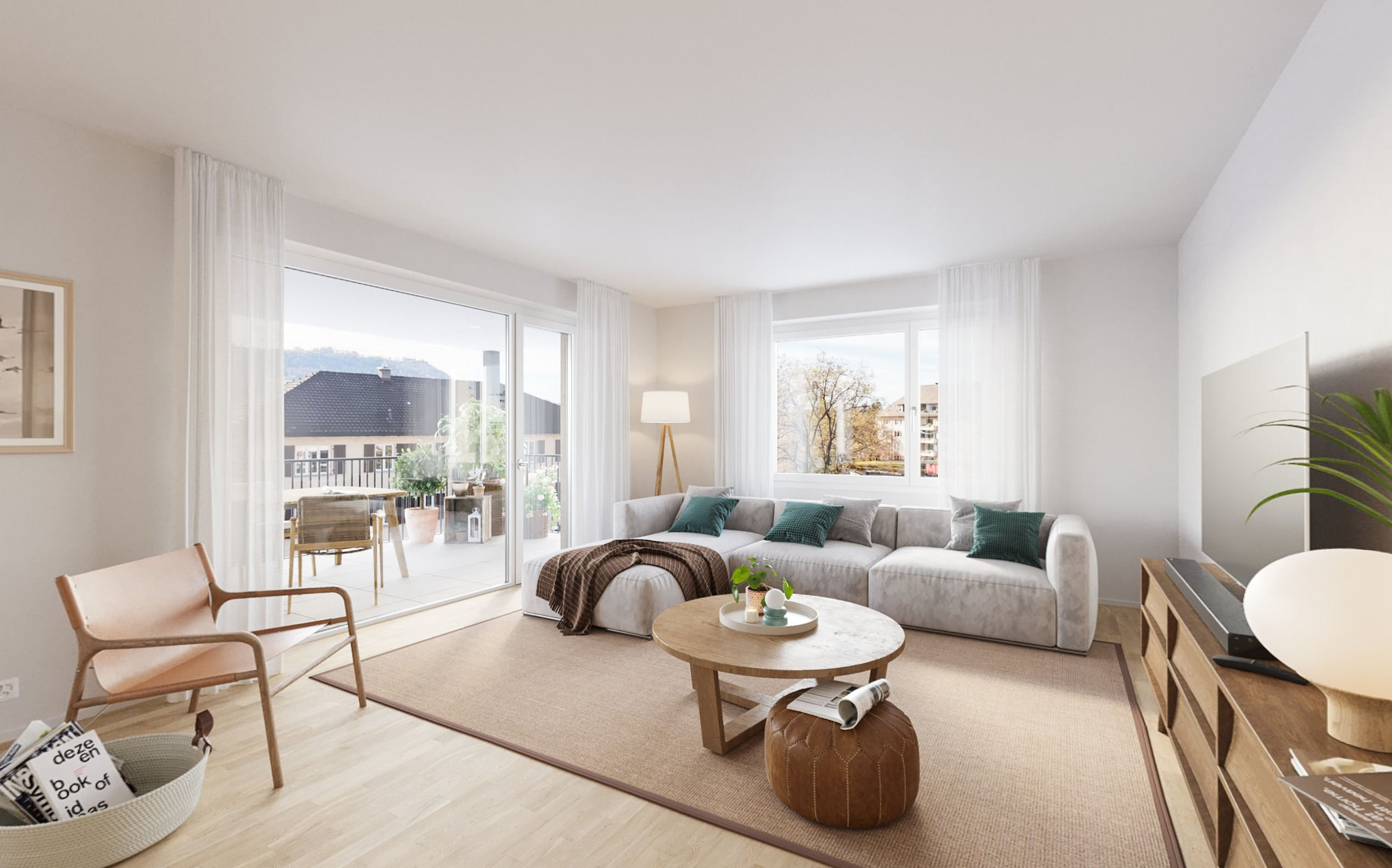 Helles Wohnzimmer der Ausbauvariante Aurea mit grosszügigem Raumgefühl und Zugang zum Aussenbereich.